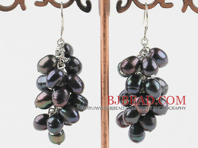 cluster style 6-7mm black pearl earrings