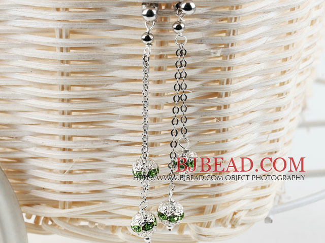 dangling style green rhinestone ball long earrings