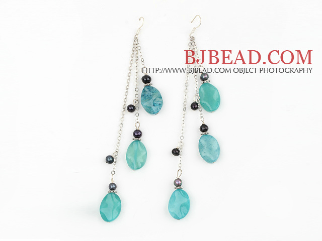 long style blue jasper and balck pearl earrings