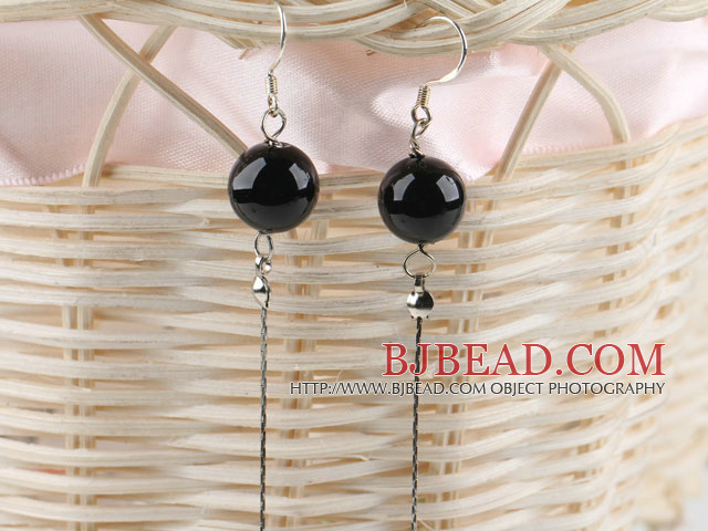 flashy 12mm black agate ball long earrings