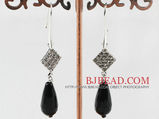 drop shape black agate rhinestone earrings