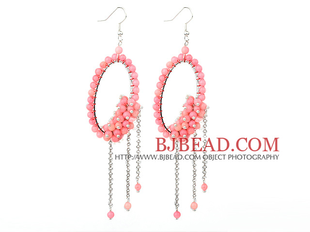 Fashion Style Pink Coral Long Dangle Tassel Earrings with Big Hoop