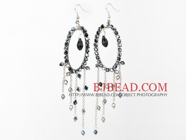 Fashion Style Gray Black Crystal Long Dangle Tassel Earrings with Big Hoop