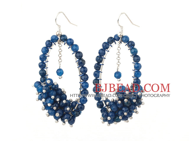 Fashion Style Dark Blue Faceted Agate Cluster Earrings with Big Hoop