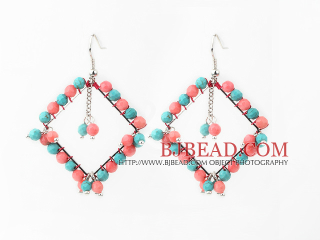 Fashion Style Rhombus Shape Faceted Turquoise and Pink Coral Earrings
