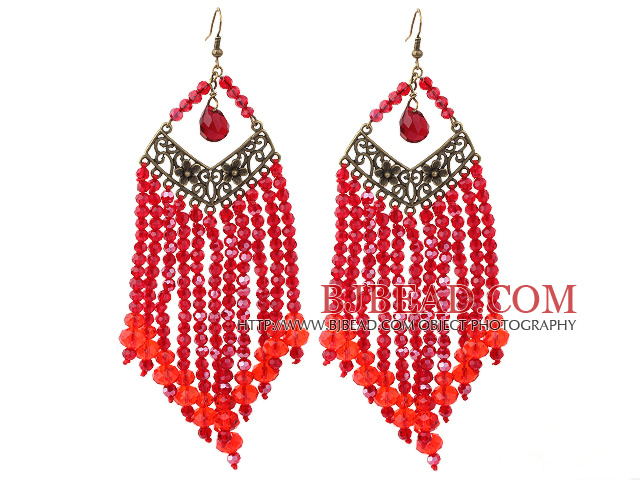 Chandelier Style Red Crystal Long Tassel Earrings with Bronze Accessoires