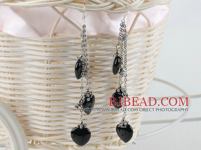 3 strand heart shape black agate dangle long earrings