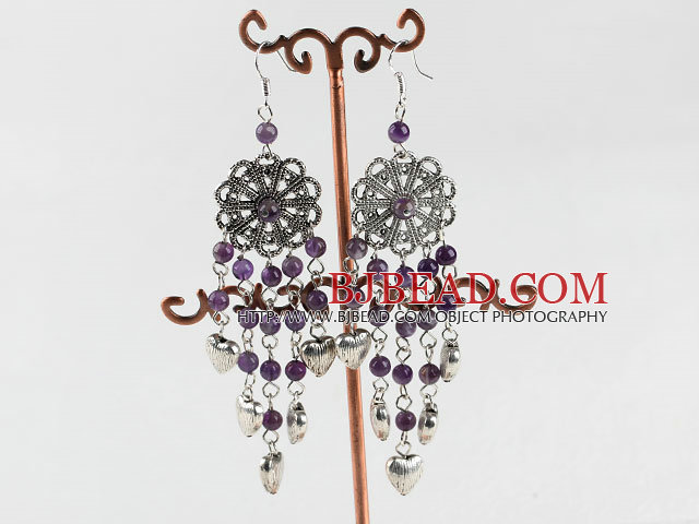 classical style chandelier shape amethyst earrings with heart charm