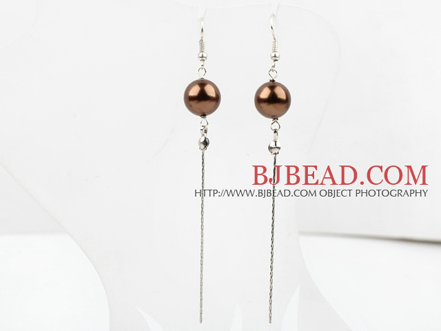Dangle style brown round seashell earrings with long tail