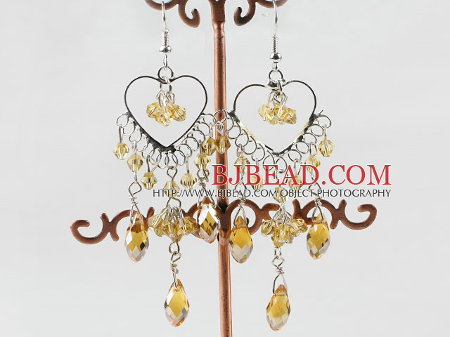 heart chandelier style drop shape yellow crystal earrings