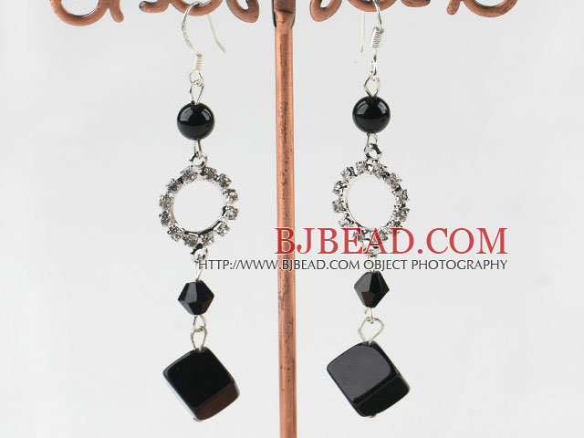dangling black agate stone earrings with rhinestone