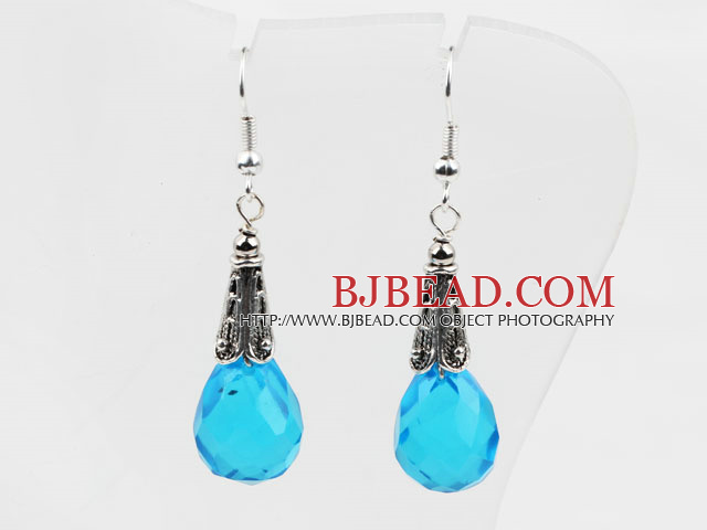 Classic Design Lake Blue Color Drop Shape Faceted Crystal Earrings