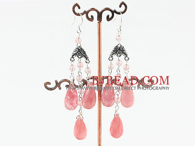 chandelier style drop shape cherry quartze earrings