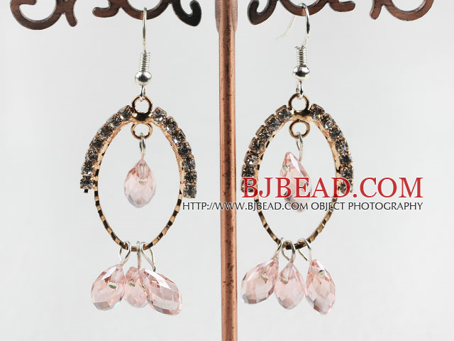 lovely pink crystal earrings on gold tone loop with rhinestone