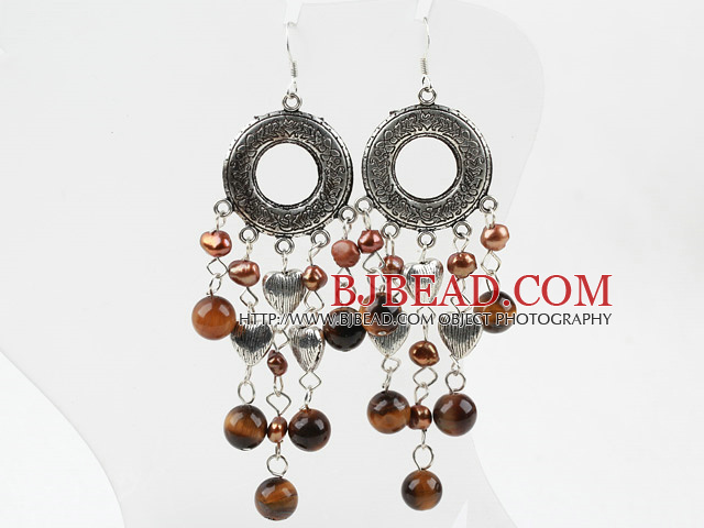 Brown Freshwater Pearl and Tigey Eye Earrings