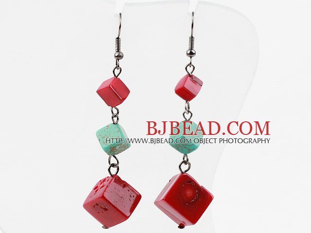 Red Coral and Turquoise Dangle Earrings