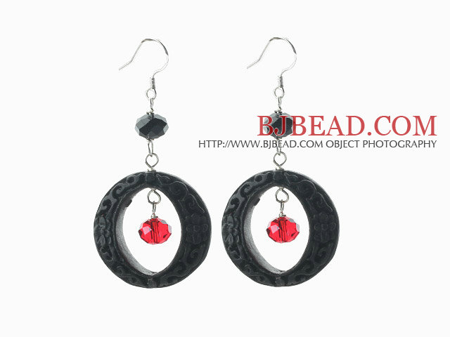 New Design Red Crystal and Carved Black Lacquerware Earrings