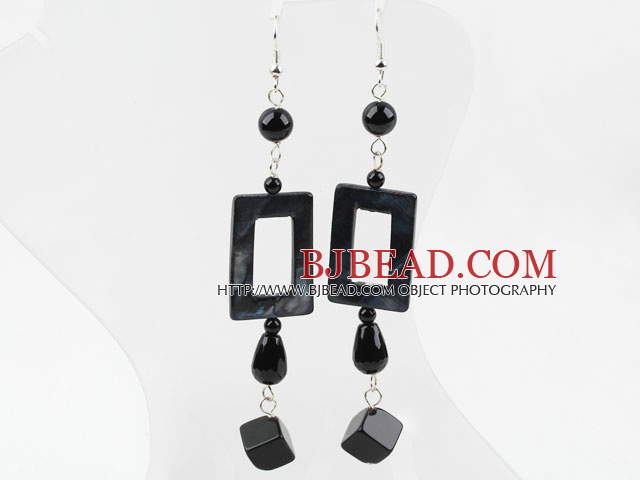 Black Agate and Black Shell Dangle Earrings