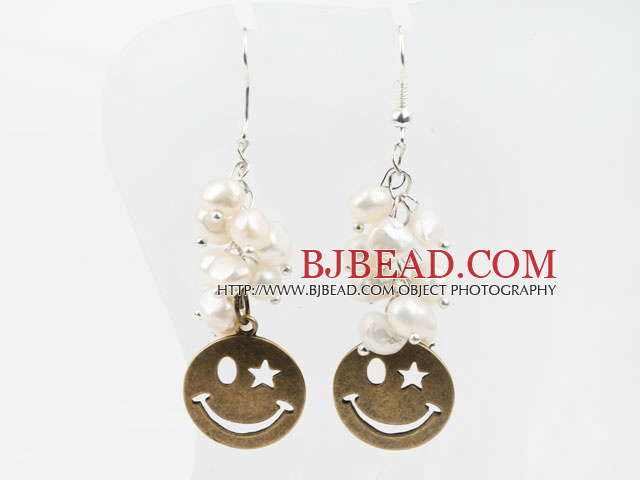 White Freshwater Pearl Earrings with Bronze Smile Face Accessories