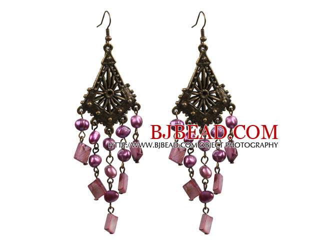 Vintage Style Chandelier Shape Purple Pearl Square Shell Dangle Earrings