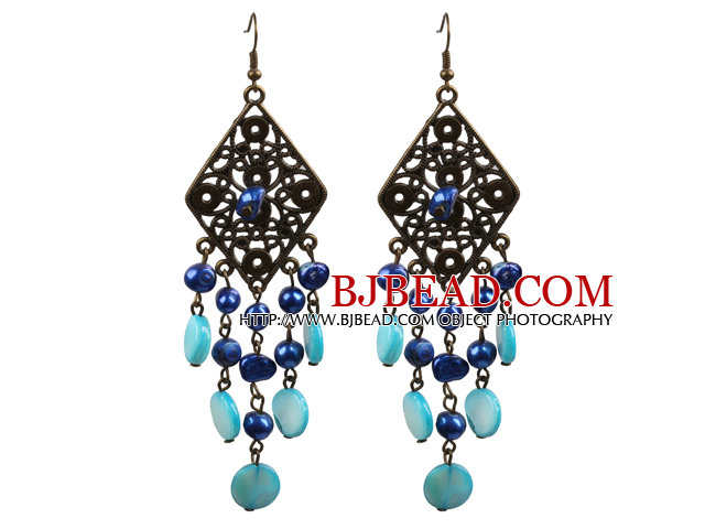 Vintage Style Chandelier Shape Blue Pearl Shell Dangle Earrings With Rhombus Bronze Accessory 
