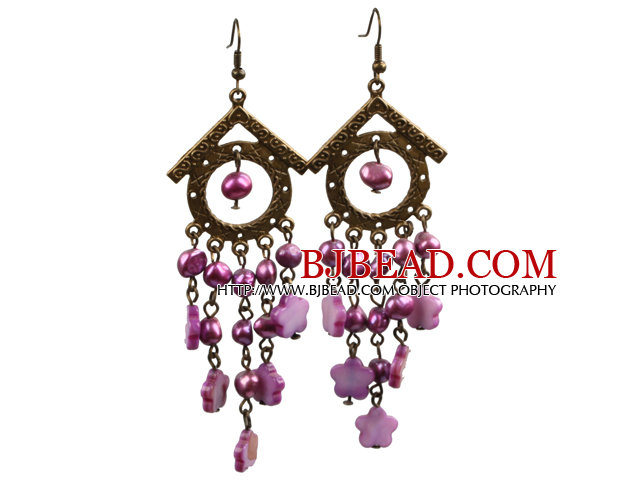Vintage Long Style Chandelier Shape Purple Red Pearl Shell Flower Dangle Earrings 