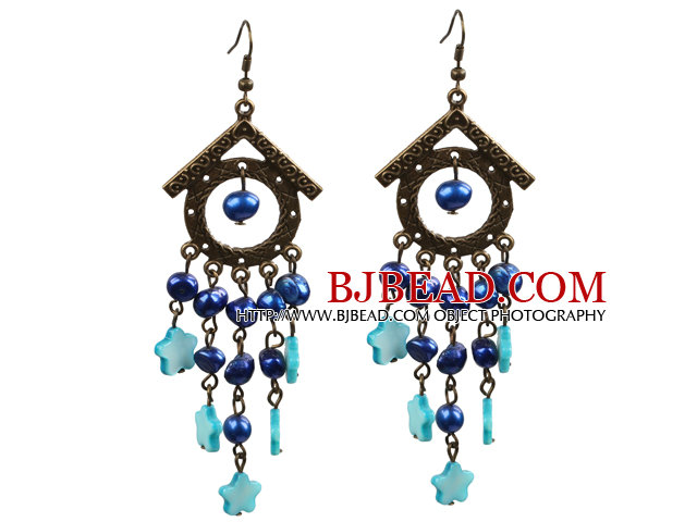 Vintage Long Style Chandelier Shape Blue Pearl Shell Flower Dangle Earrings 