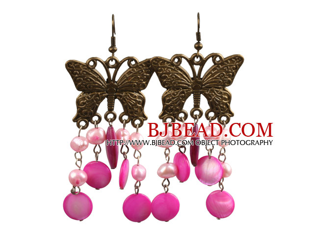 Vintage Style Pink Pearl Shell Dangle Earrings With Butterfly Bronze Accessory 