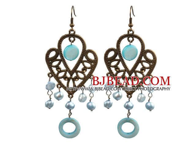Vintage Style Chandelier Shape Light Blue Pearl Shell Dangle Earrings With Heart Shape Bronze Accessory 