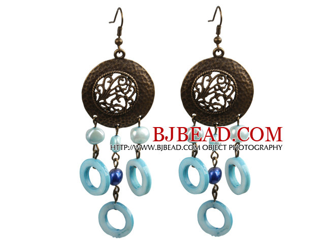 Vintage Style Chandelier Shape Blue Pearl Donut Shape Shell Dangle Earrings 