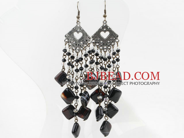 Long Style Black and Clear Crystal and Lined Agate Chandelier Earrings