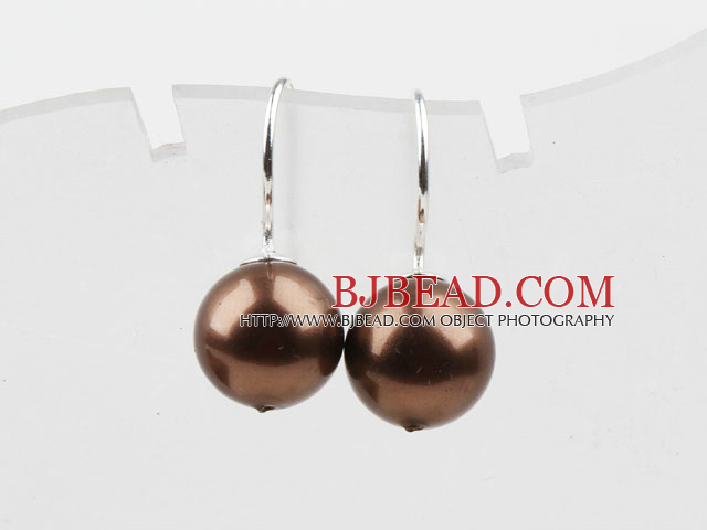 Classic Design Round Shape 10mm Coffee Brown Seashell Beads Earrings