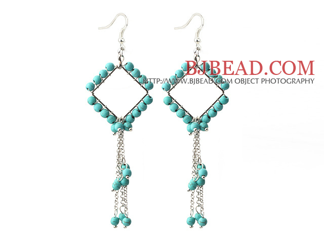 New Style Green Series Rhombus Shape Turquoise Tassel Long Earrings