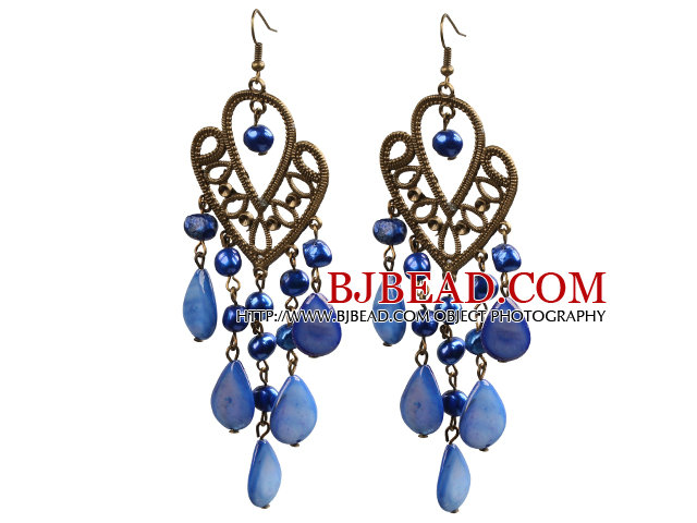 Vintage Style Chandelier Shape Blue Pearl Drop Shell Dangle Earrings With Heart Shape Bronze Accessory 
