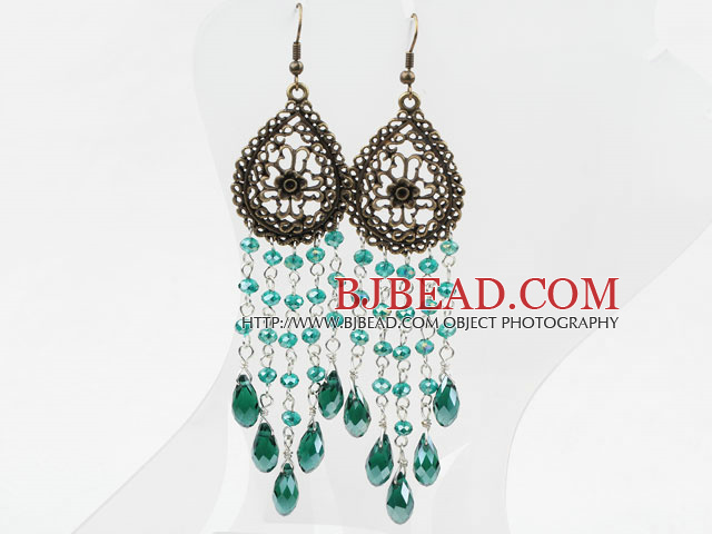 Long Style Drop Shape Green Manmade Crystal Tassel Earrings