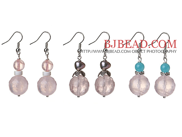 3 Pcs Simple Design Beautiful Faceted Rose Quartz Ball And Pearl And Blue Jade Dangle Earrings