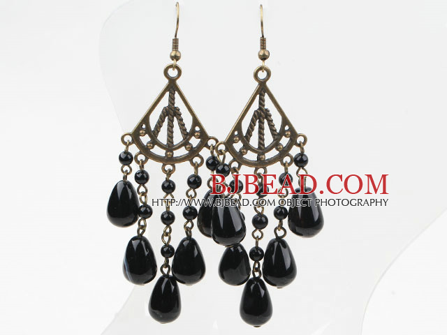 Vintage Style Big Drop Shape Black Agate Earrings