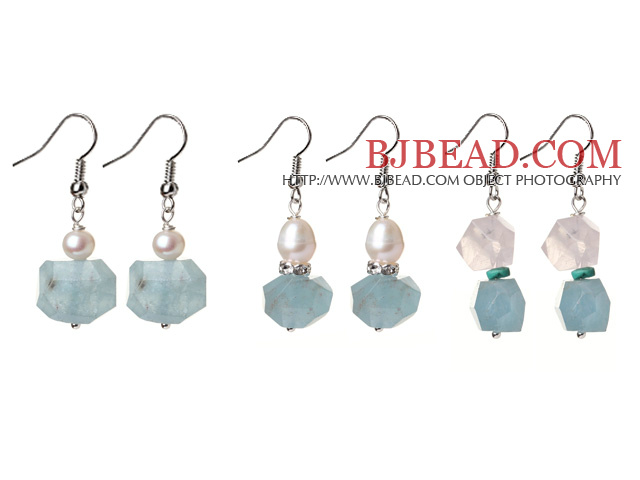 3 Pcs Simple Fashion Irregular Shape Blue Aquamarine And Pearl And Rose Quartz Earrings