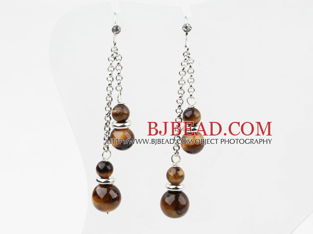 Dangle Style Round Tiger Eye Earrings with Metal Chain