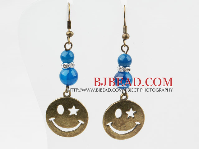 Vintage Style Round Blue Agate Earrings with Bronze Smile Face Accessories