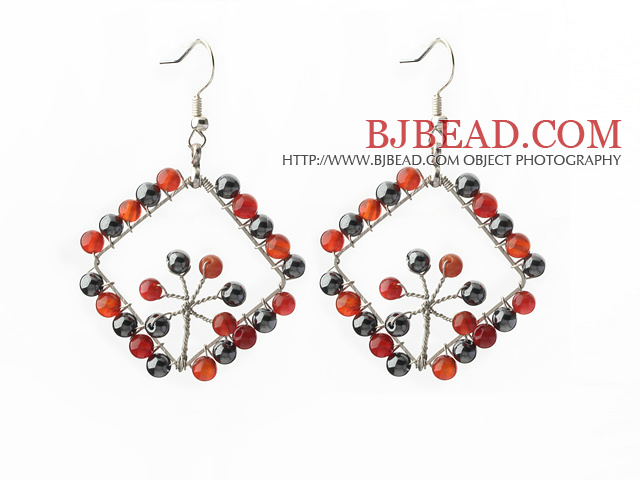 New Style Fashion Design Rhombus Shape Carnelian and Hematite Earrings