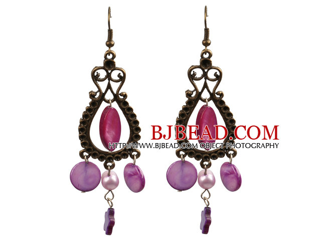 Vintage Style Chandelier Shape Purple Pearl Shell Earrings With Drop Shape Bronze Accessory 