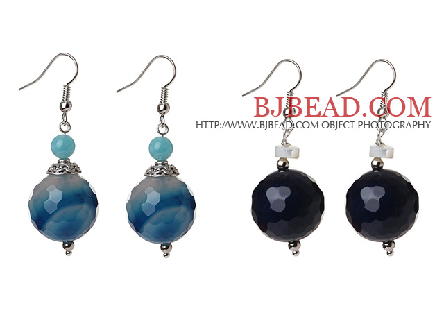 2 Pcs Classic Design Blue Faceted Agate Ball And Blue Jade And White Sea Shell Earrings