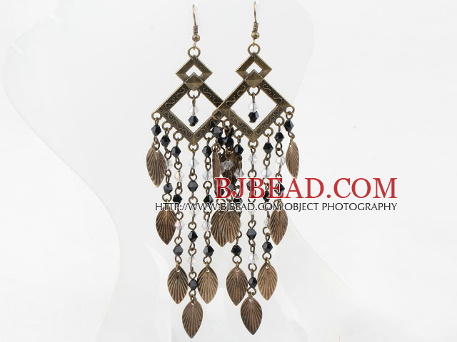 Vintage Style Black White Crystal and Brooze Leaves Earrings