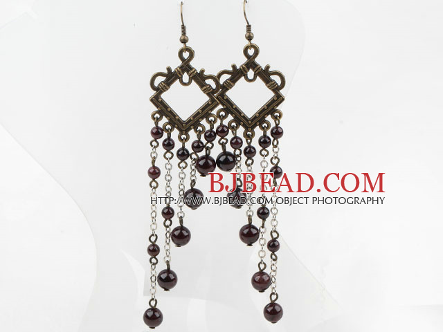 Vintage Style Round Garnet Long Earrings
