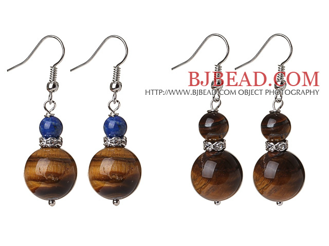 2 Pcs Classic Design 14mm Tiger Eye Bead And 6mm Lapis Earrings