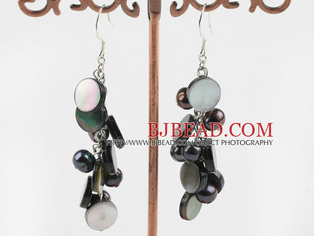 black pearl and black lip shell dangle earrings