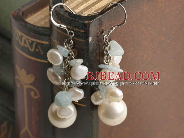 cluster style white pearl and sea shell bead earrings