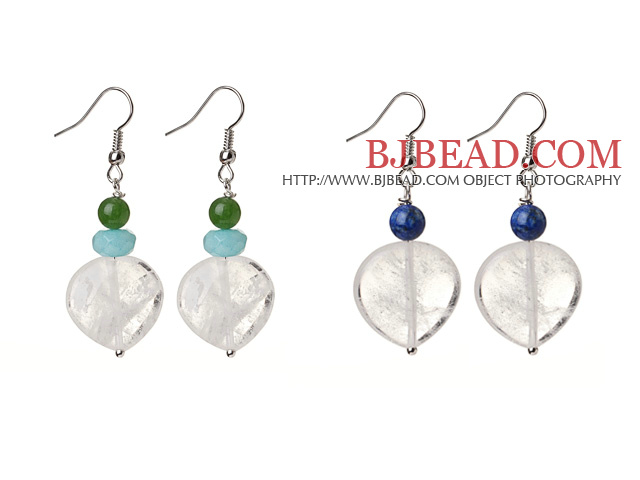 2 Pcs Beautiful Summer Design 14mm Heart Shape Clear Crystal And Lapis Chrysoprase Blue Jade Beads Earrings