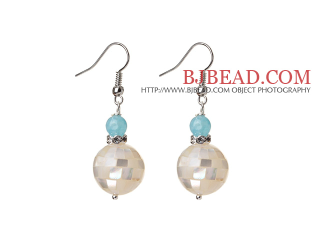 16mm Mosaics White Lip Shell Ball And Blue Jade Dangle Earrings